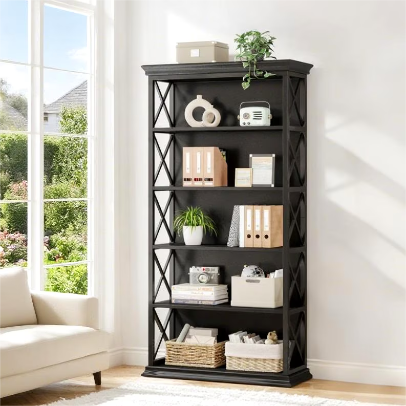 Fnova 71" 5-Tier Tall Bookshelf, Industrial Wood Bookcase with Metal Frame, Floor Standing Display Storage Shelves for Home Office, Living Room, Bedroom