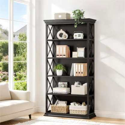 Fnova 71" 5-Tier Tall Bookshelf, Industrial Wood Bookcase with Metal Frame, Floor Standing Display Storage Shelves for Home Office, Living Room, Bedroom
