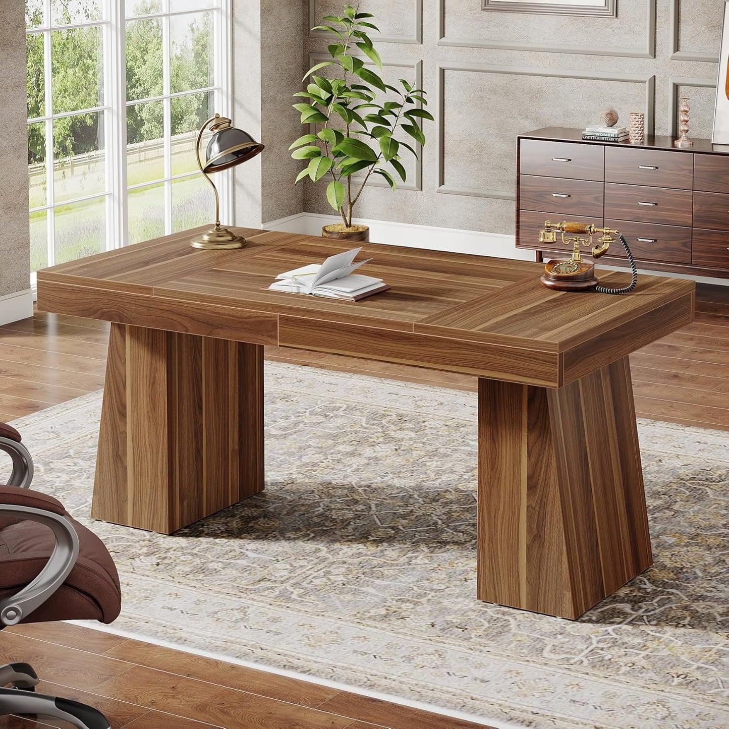 Tribesigns 55 Inches Executive Desk, Mid-Century Modern Home Office Desk with Double Trapezoid Base