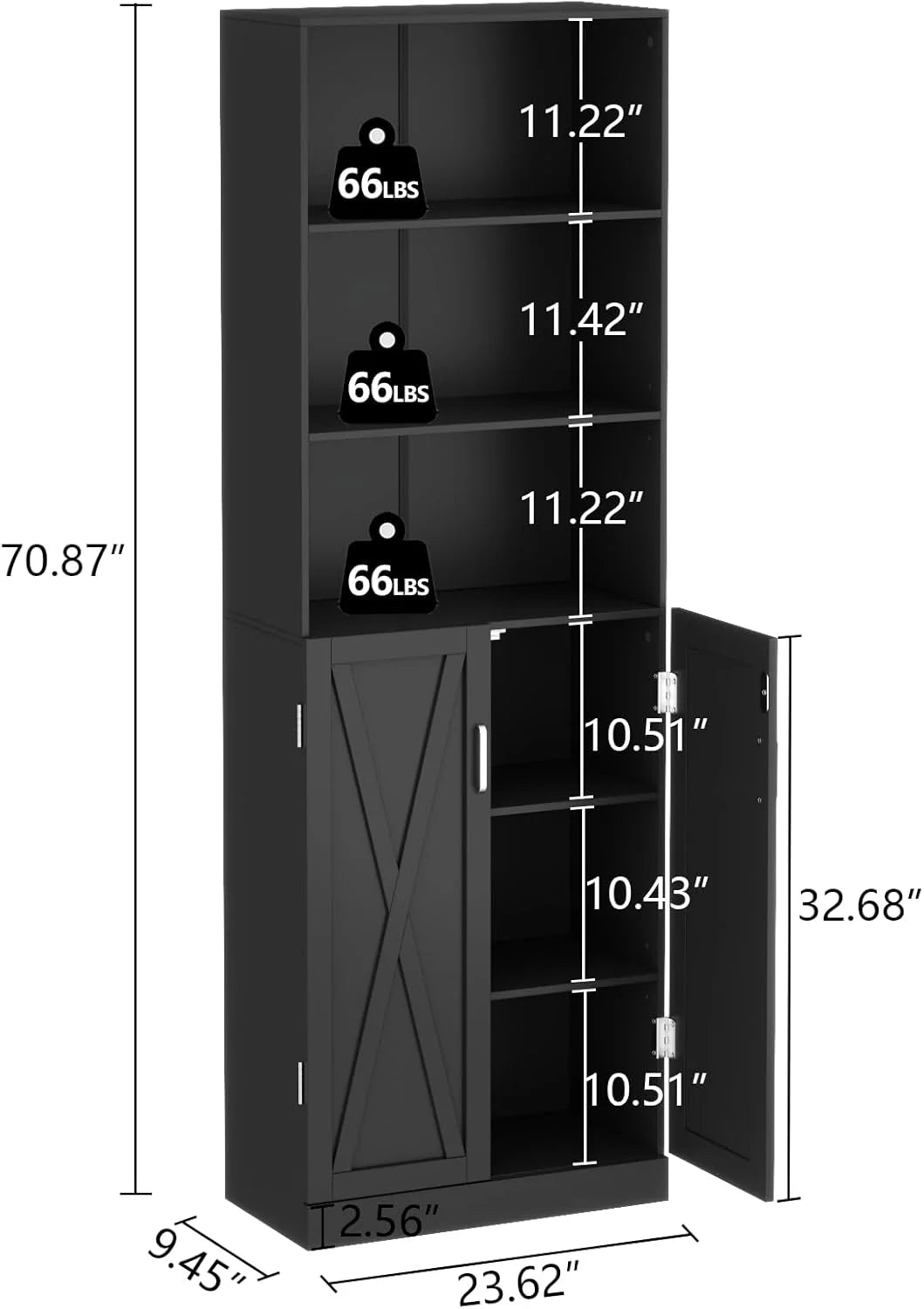 Loomie Industrial Boolshelf with Door, 6 Tier Farmhouse Book Shelf with Adjustable Shelves,70" Tall Display Etagere Bookcase,Floor Standing Unit Book Case Furniture for Home Office,Living Room (Black)