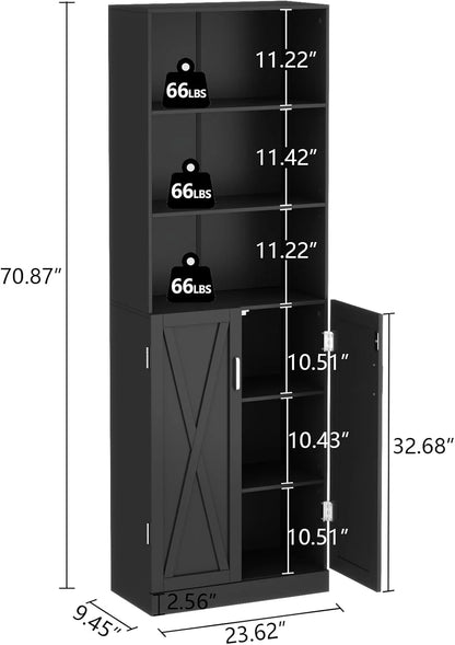 Loomie Industrial Boolshelf with Door, 6 Tier Farmhouse Book Shelf with Adjustable Shelves,70" Tall Display Etagere Bookcase,Floor Standing Unit Book Case Furniture for Home Office,Living Room (Black)