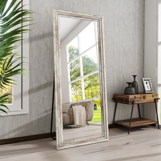 BEAUTYPEAK 64"x21" Full Length Mirror with Stand Solid Wooden Framed Floor Mirror Full Body Mirror,Retro White