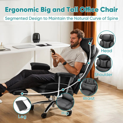 edx Executive Home Office Desk Chair, Ergonomic Big Tall High Back with Footrest & Lumbar Support, Reclining Comfy PU Leather Computer Gaming Chair with Swivel Wheels, Height Adjustable, Black