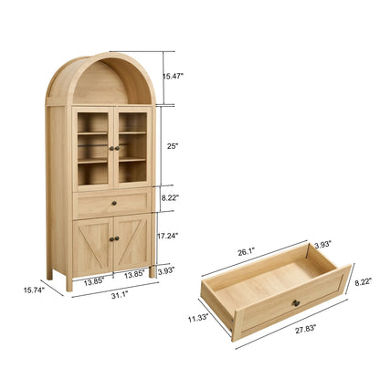 Lisonu 72" Arched Bookcase with Doors, Tall Dome Display Cabinet with Storage for Living Room or Home Office, Natural