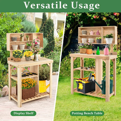Topcobe Garden Wooden Potting Table Workstation with Storage Shelf, Planters for Outdoor Plants, Raised Planter Box with Legs
