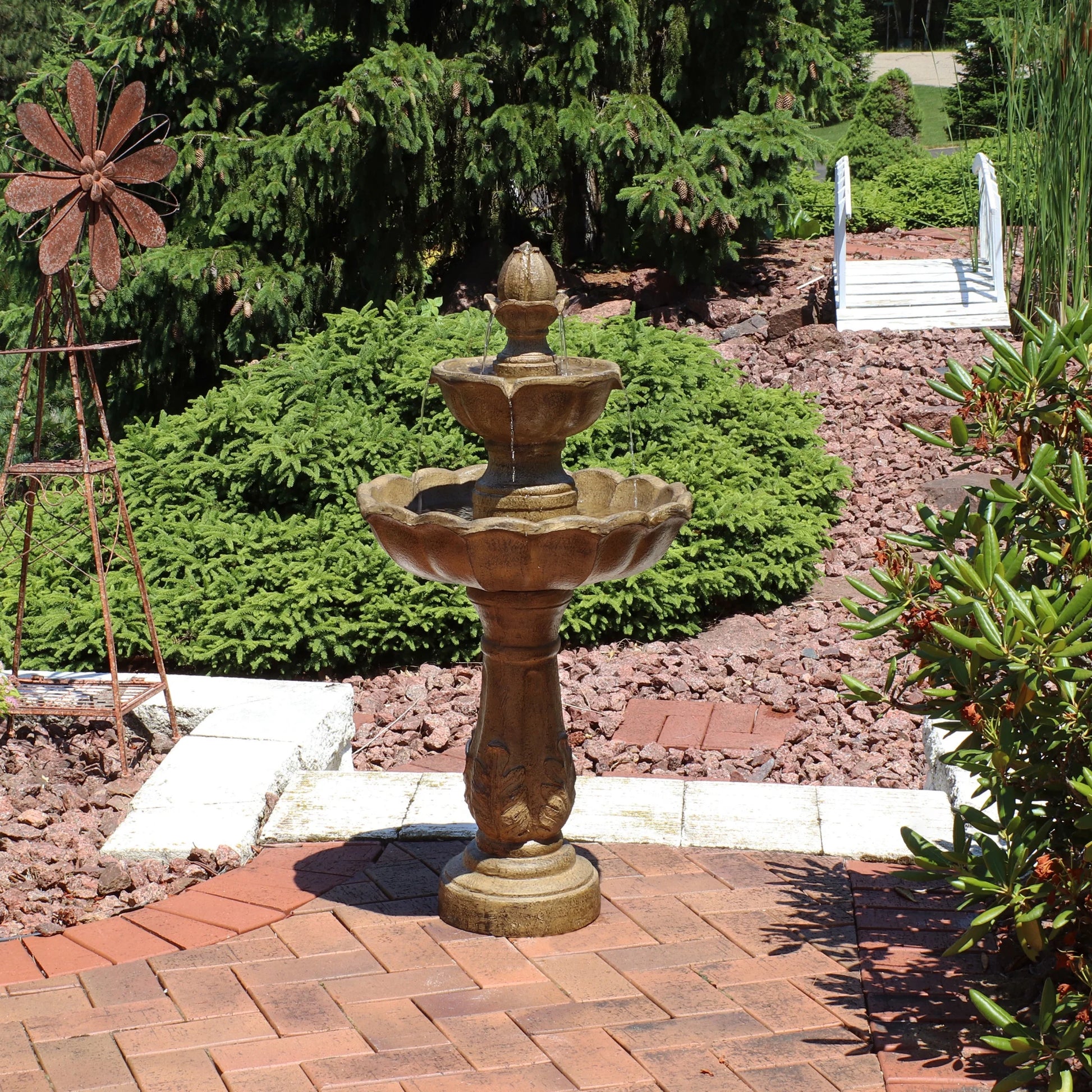 Sunnydaze Blooming Flower Light Brown Resin 2-Tier Outdoor Water Fountain