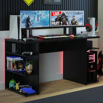 Madesa 53 inch Gaming Computer Desk with Shelves, Home Office Desk Writing Workstation, Wood - Black