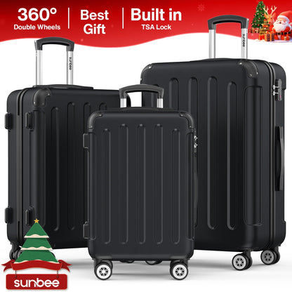 Sunbee 3 Piece Luggage Sets Hardshell Lightweight Suitcase with TSA Lock Spinner Wheels, Black