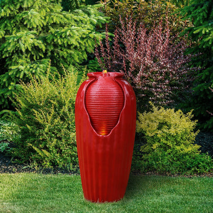Teamson Home Indoor/Outdoor Contemporary Glazed Contoured Vase Water Fountain with LED Lights, Red