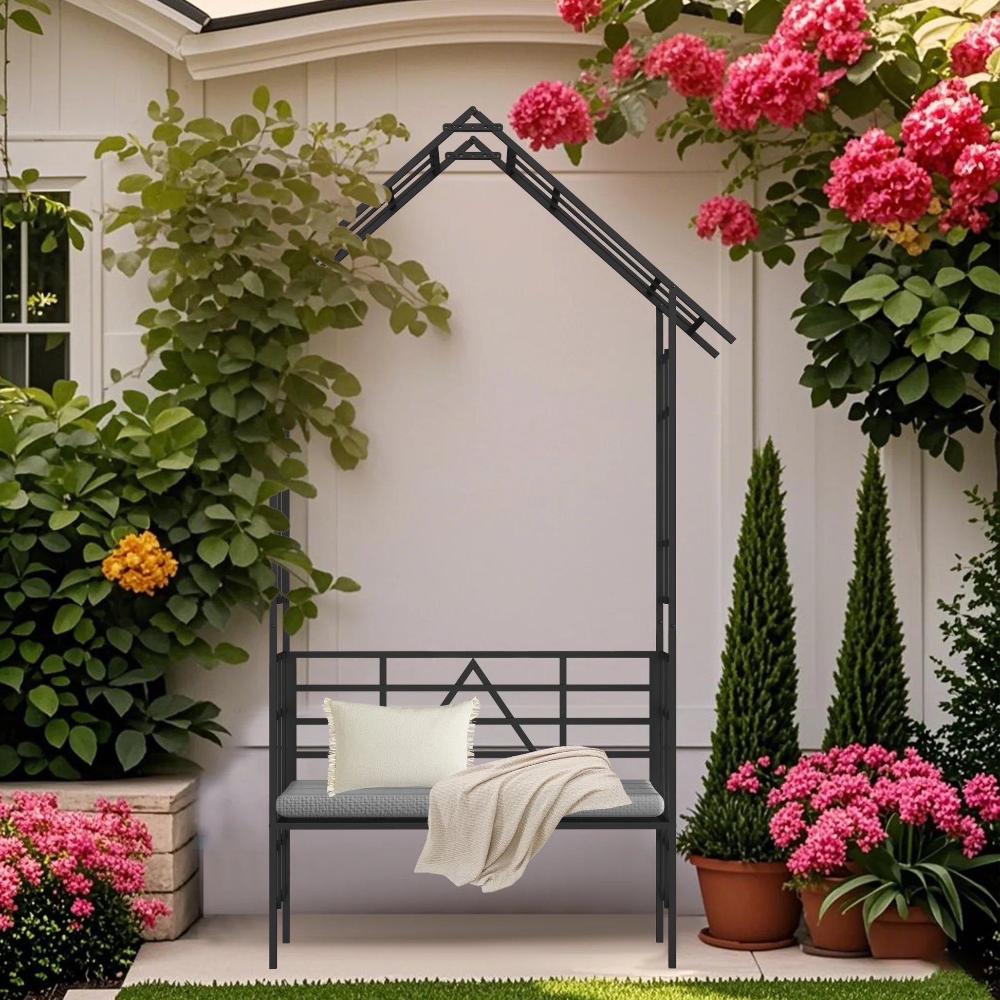 Yoneston 97.24"H Metal Garden Arch with Bench, Turned into Flower Stand for Climbing Plants, Support Rose Arch Outdoor, Black