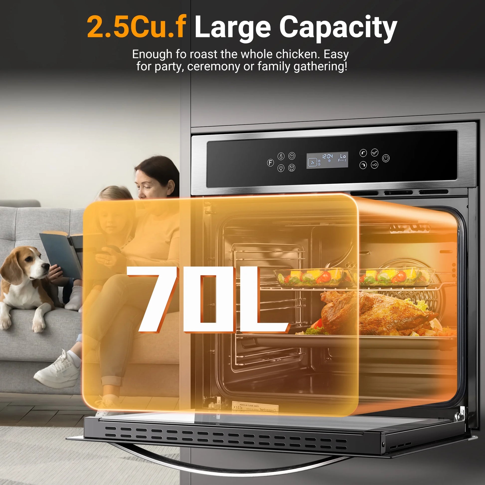 Sunmaki Single Wall Oven 24 Inch Electric Built-in Convection Oven 2.5 Cu.Ft 240V LED Digital Display Touch Control Timer Alarm Clock Child Lock for Kitchen, 2800W