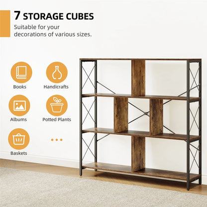 Dextrus Bookcases and Bookshelves with 7 Open Storage Shelves, Free Standing Bookshelf with Metal Frame for Living Room Bedroom Home Office, Brown