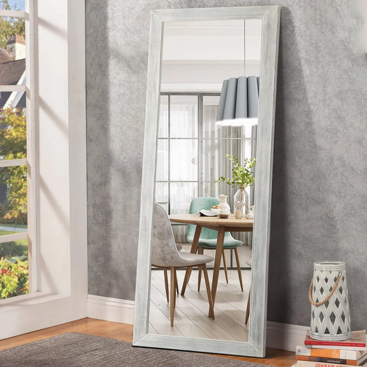 NeuType 65"x22" Solid Wood Full Length Mirror with Standing Holder Floor Mirror Rectangular Wall Mounted Mirror Hanging Leaning, White