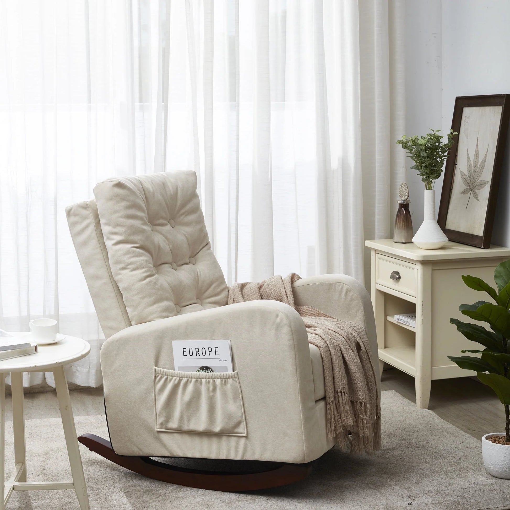 High Back Rocking Chair, Nursery Chair with Side Pocket, Linen Fabric Single Sofa Chair, Lazy Sofa Balcony Reclining Chair, Padded Armchair, for Living Room,Bedroom,Office, Beige