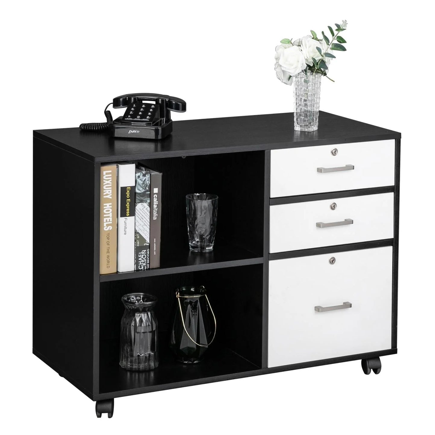 Ktaxon 3 Drawer Wood File Cabinets, Lateral Mobile Filing Cabinets Printer Stand with Locks and Wheels, Open Storage Shelves for Home Office