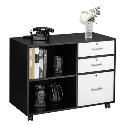 Ktaxon 3 Drawer Wood File Cabinets, Lateral Mobile Filing Cabinets Printer Stand with Locks and Wheels, Open Storage Shelves for Home Office