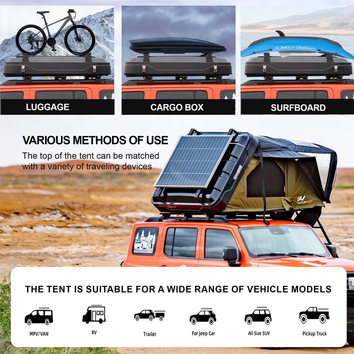 Naturnest Rooftop Tent HardShell with Luggage Rack,Camping Tent for Van Suv Truck Car Vehicle Outdoor, 2-3 Person