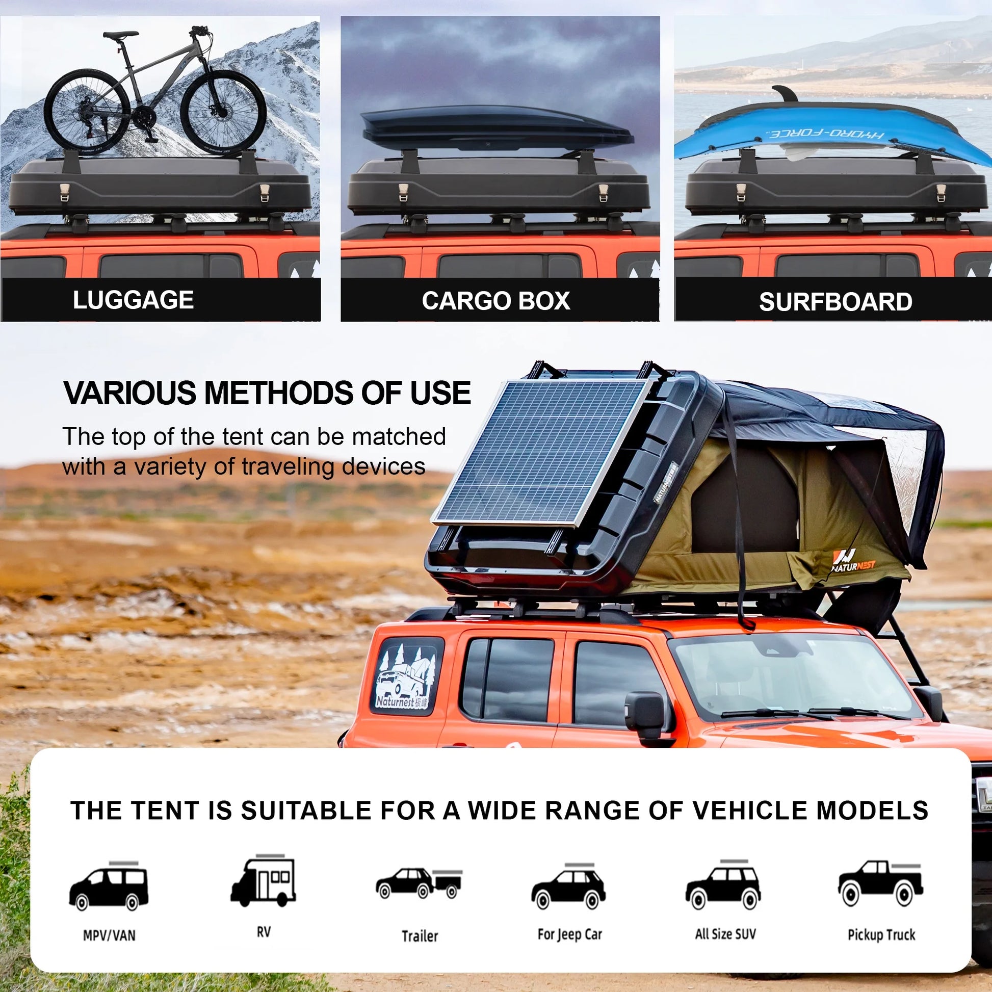 Naturnest Rooftop Tent HardShell with Luggage Rack,Camping Tent for Van Suv Truck Car Vehicle Outdoor, 2-3 Person