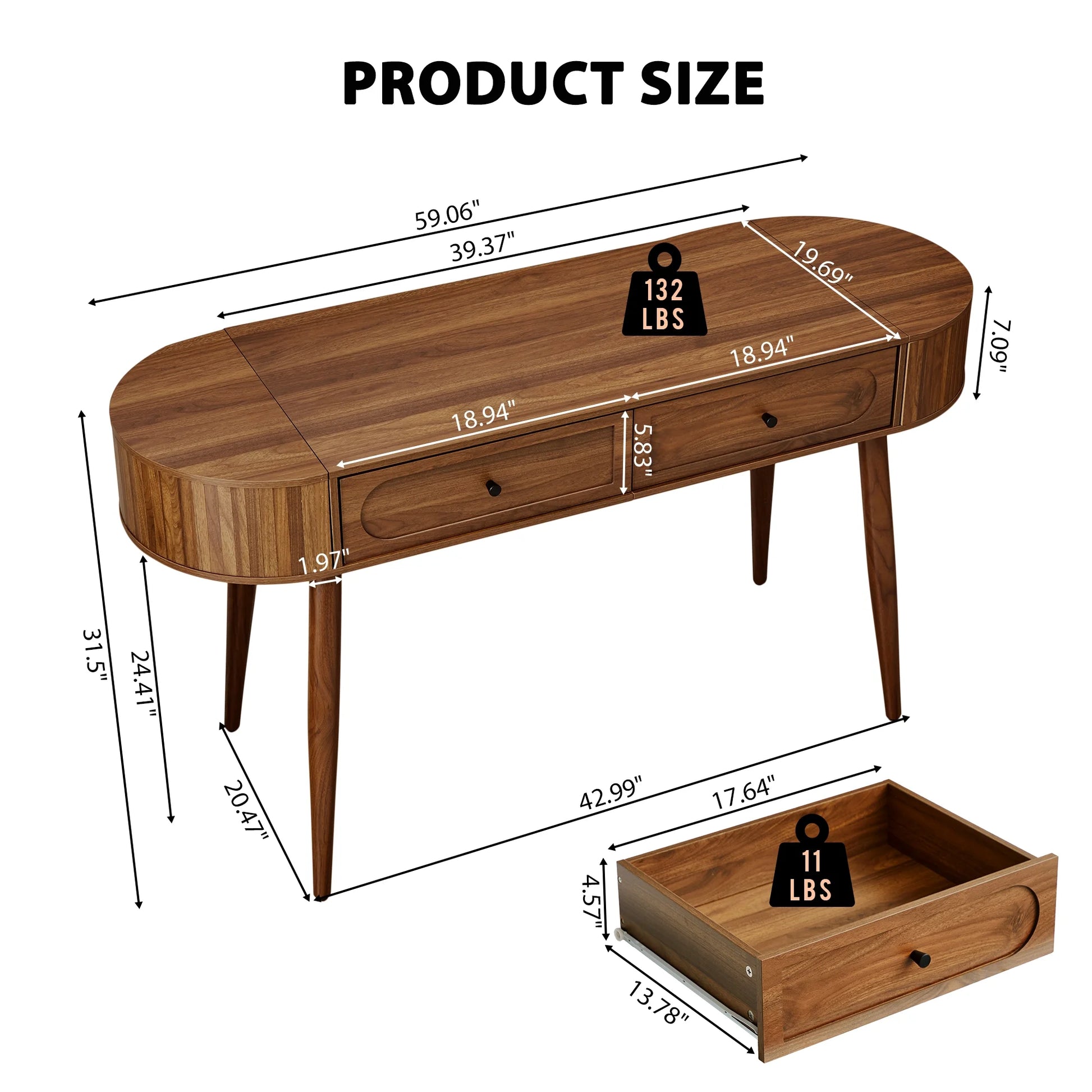 YOCWO Modern Home Office Desk with 2 Drawers and 2 Fflip-top Storage, Oval Computer PC Desk Table, Vanity Desk with Fluted Curved Table Edge, Walnut