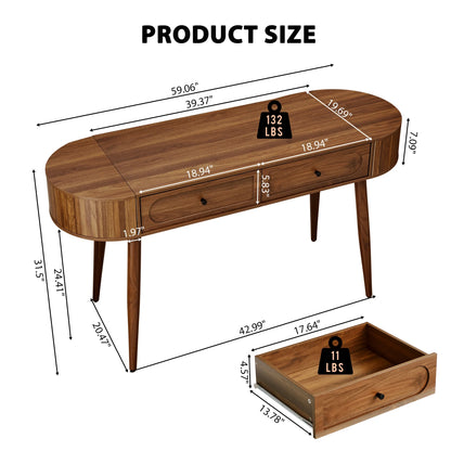 YOCWO Modern Home Office Desk with 2 Drawers and 2 Fflip-top Storage, Oval Computer PC Desk Table, Vanity Desk with Fluted Curved Table Edge, Walnut