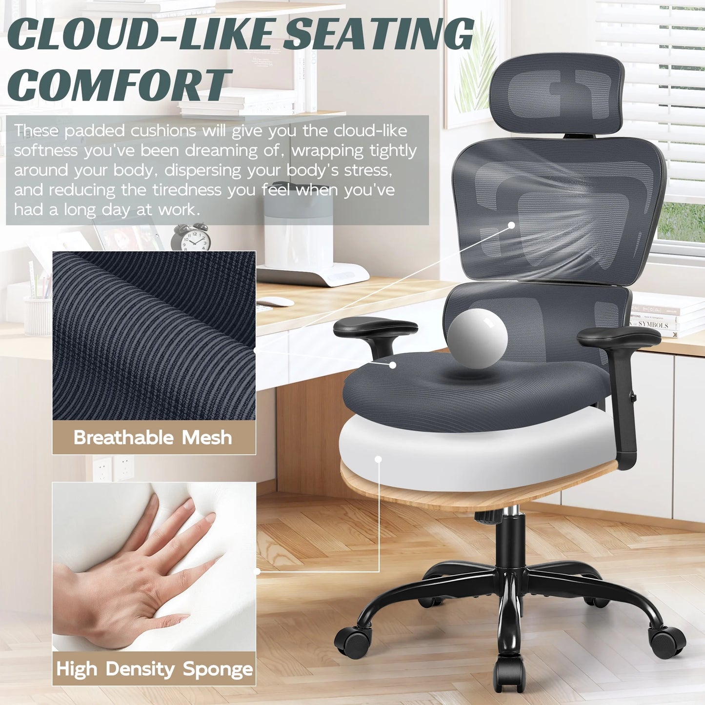 COOLHUT Ergonomic Office Chair Desk Chair High Back Computer Chair with Lumbar Support, High-Sponge Cushion Home Office Chair, 300lbs, Dark Gray