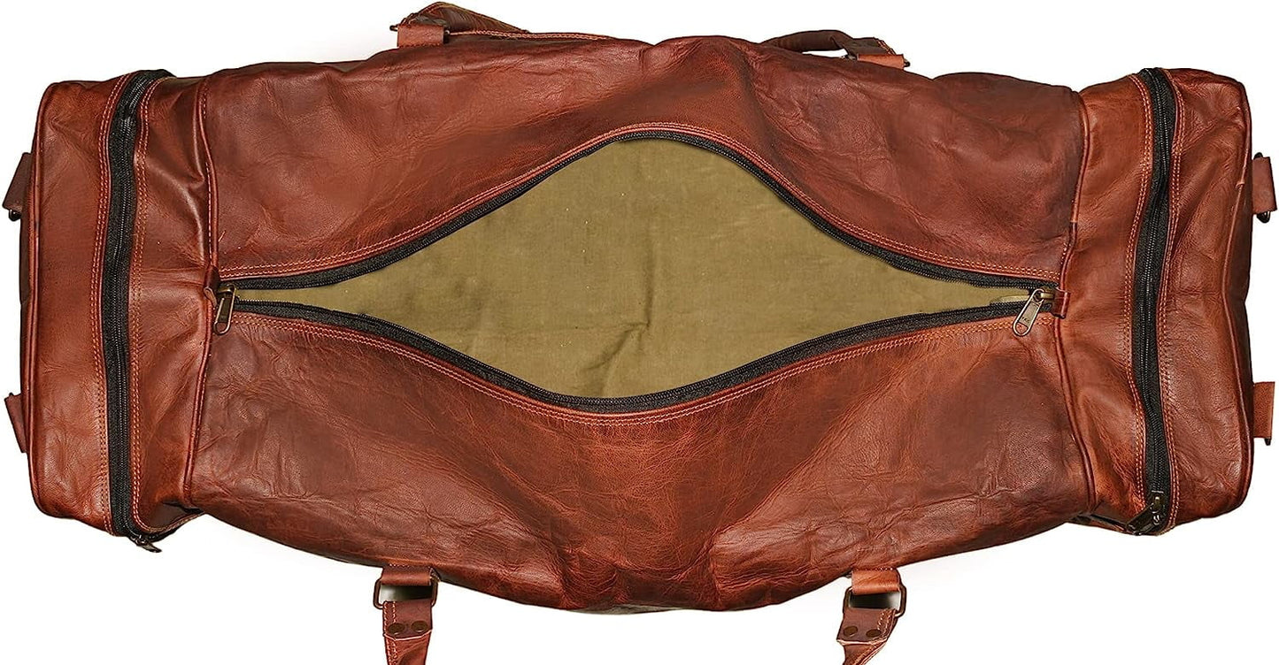 Leather Duffel Weekender Bags Inner Canvas Bag Overnight Travel Carry On Tote Bag Satchel with Adjustable Luggage Strap Sleeve for men & women