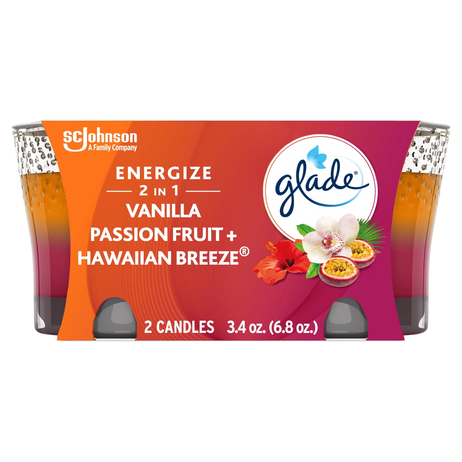 Glade 2in1 Jar Candle 2 ct, Hawaiian Breeze & Vanilla Passion Fruit, 6.8 oz. Total, Air Freshener, Wax Infused with Essential Oils