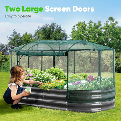 Quictent 6x3x1 ft Galvanized Raised Garden Bed Kit with Self Watering System and Mesh Cover, Large Oval Metal Outdoor Planter Garden Boxes for Vegetables Herbs Flowers