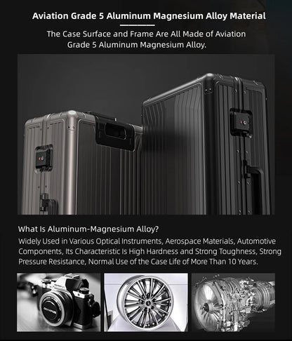 All Aluminum Magnesium Hardshell Carry on Luggage with Wheels, Modern Zipperless Hardshell Checked Luggage with TSA Lock, Airline Approved Metal Suitcase Travel Metal Rolling Luggage