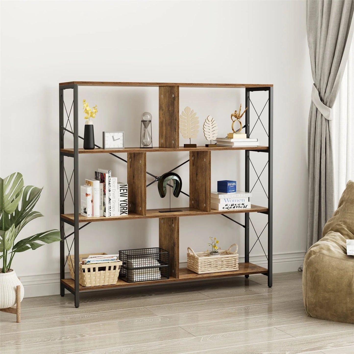 Dextrus Bookcases and Bookshelves with 7 Open Storage Shelves, Free Standing Bookshelf with Metal Frame for Living Room Bedroom Home Office, Brown