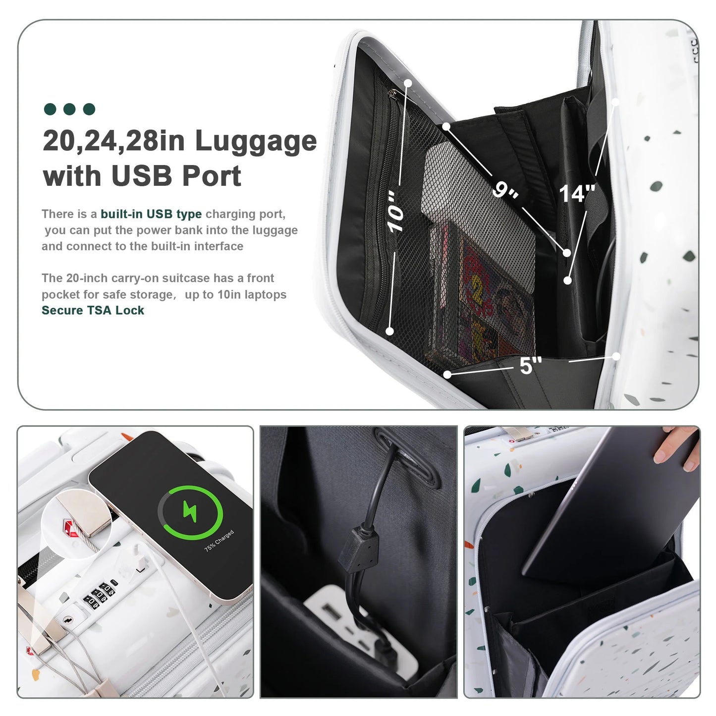 Euroco 3 Piece Luggage Sets, Hardshell Suitcase Set with Front-Opening,USB Port ,Cup Holder and Spinner Wheels,Lightweight Travel Luggage Set(20"/24"/28"),Ivory