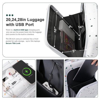 Euroco 3 Piece Luggage Sets, Hardshell Suitcase Set with Front-Opening,USB Port ,Cup Holder and Spinner Wheels,Lightweight Travel Luggage Set(20"/24"/28"),Ivory
