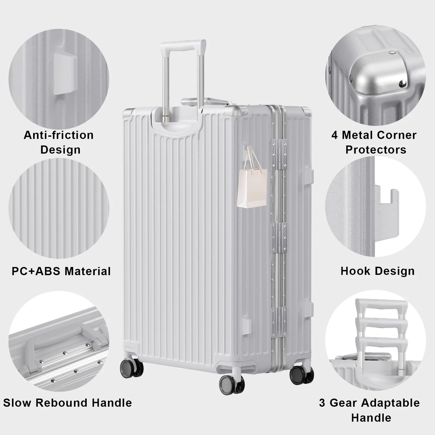 Luggage Aluminium Frame PC ABS Hardshell Suitcase with Spinner Wheels TSA Lock Zipperless Luggage 28 inch Silver