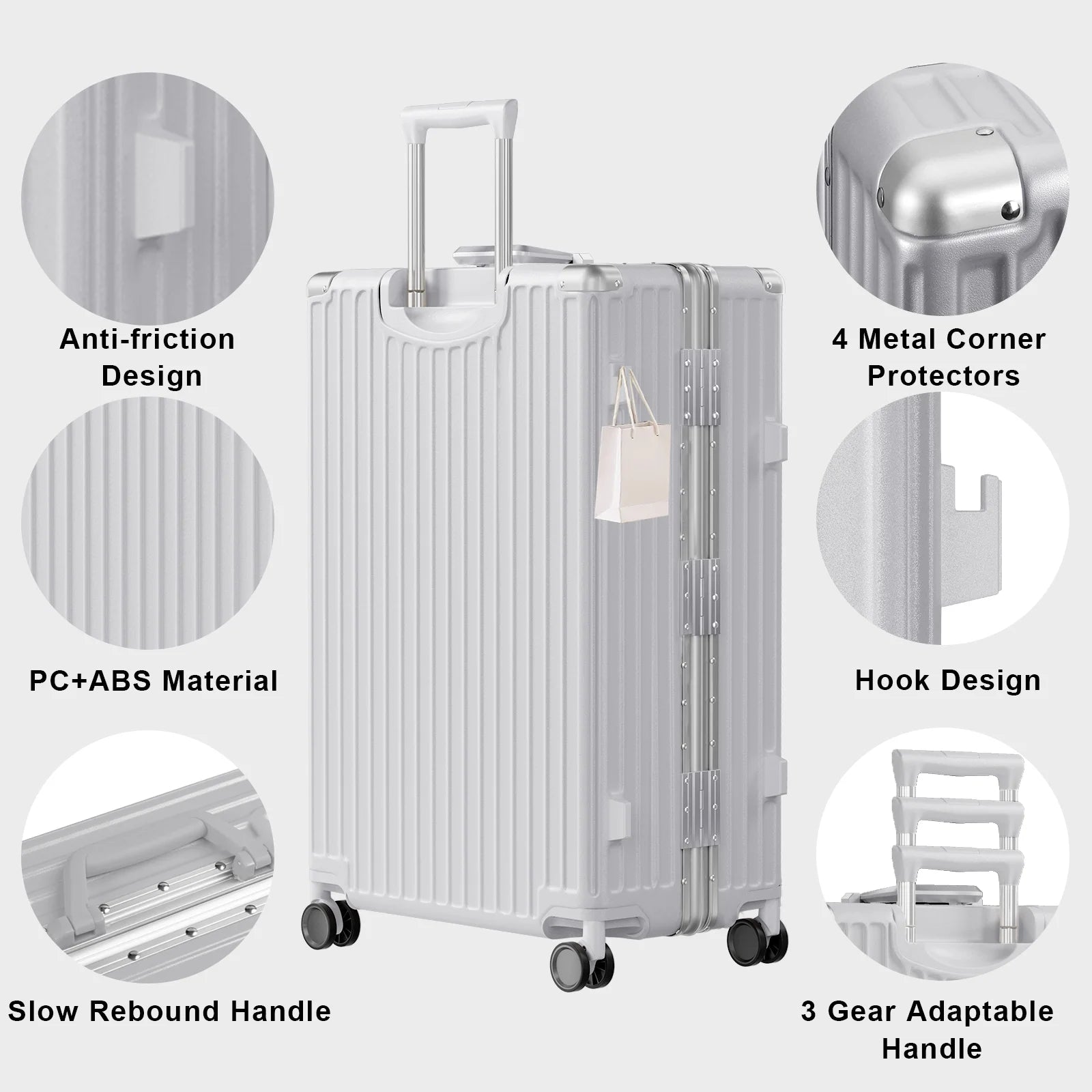 Luggage Aluminium Frame PC ABS Hardshell Suitcase with Spinner Wheels TSA Lock Zipperless Luggage 28 inch Silver