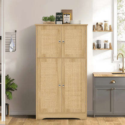 FANGSUM Rattan Cabinet with 4 Doors & Adjustable Shelf, Natural, for Living Room, Home Office