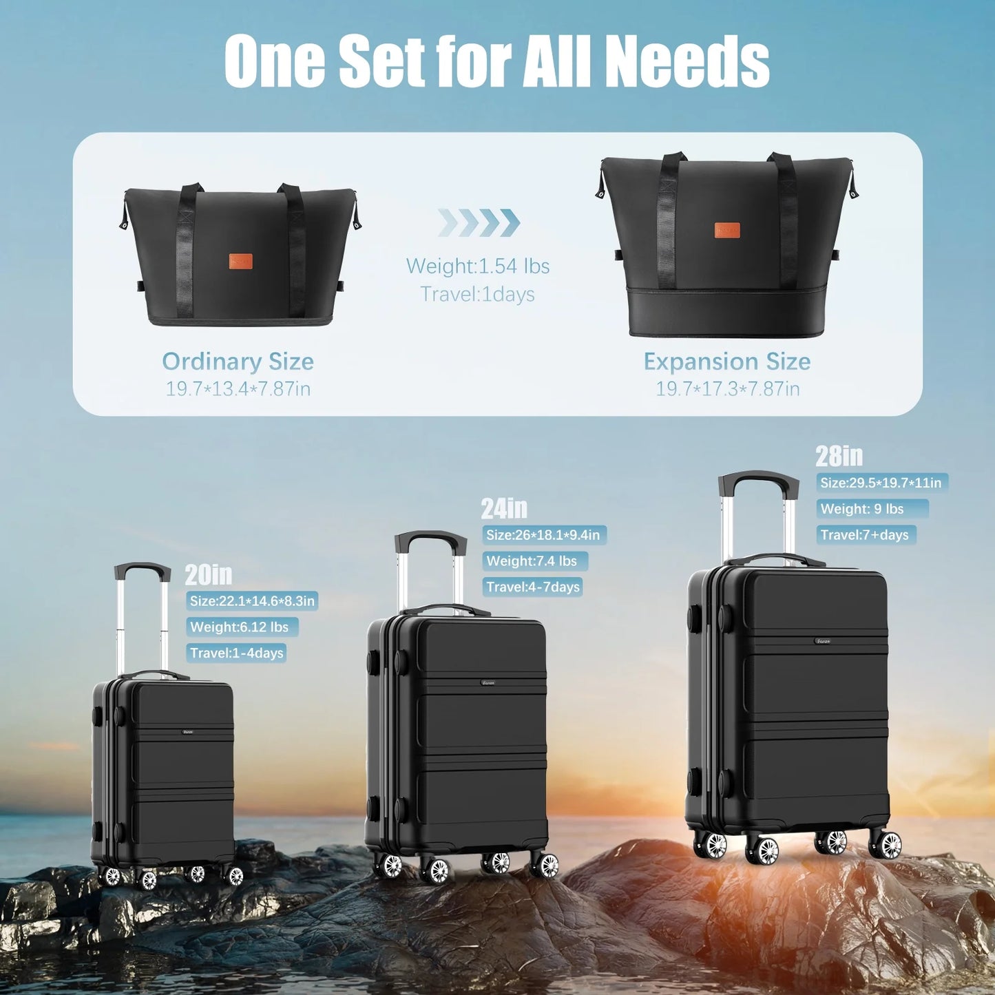 4 Piece Hardshell Luggage Sets, 3 Set Hardside Lightweight Suitcase with Duffel Bag Carry on Travel Luggage with TSA Lock Spinner Wheels, 20in24in28in, Black