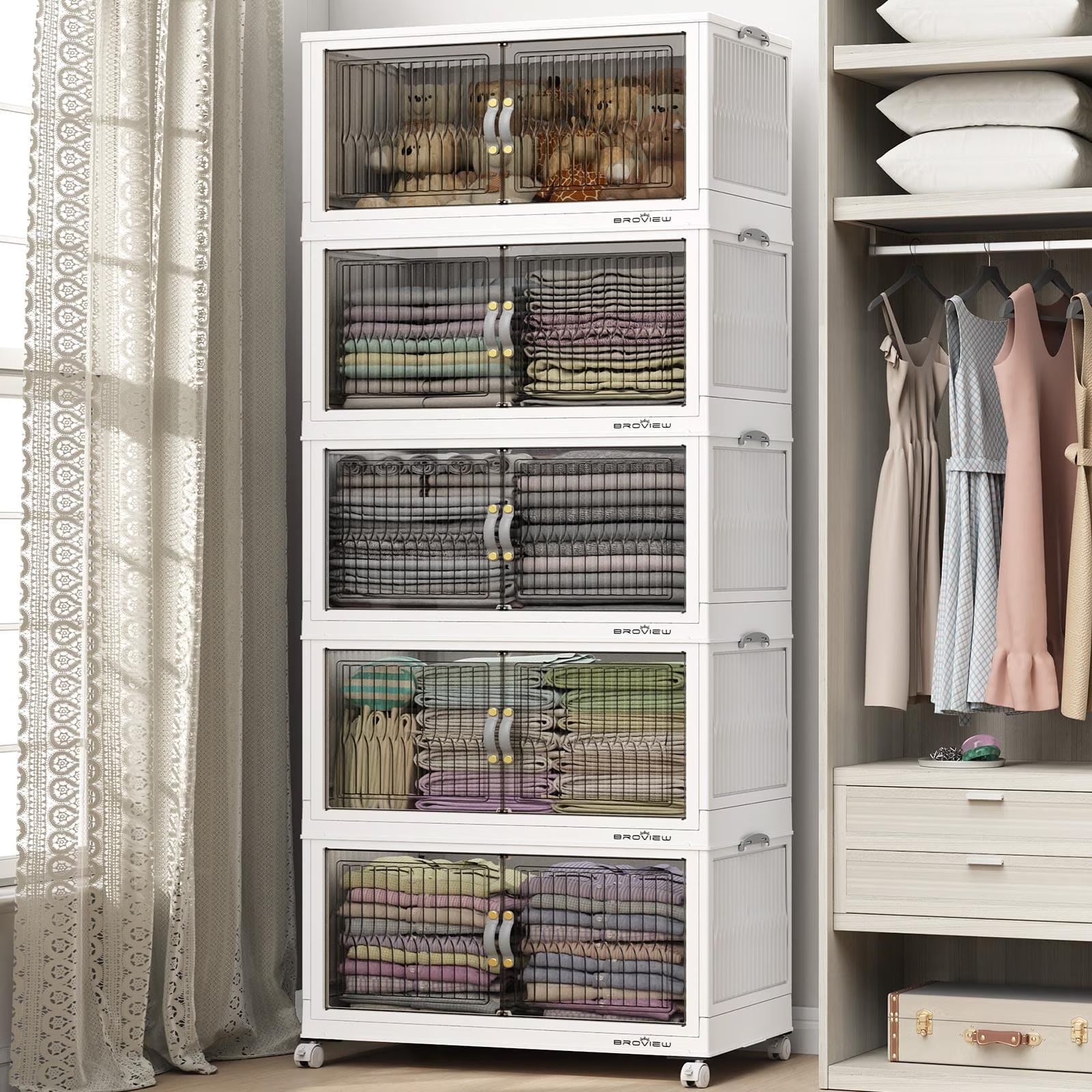 BROVIEW 150Gal Large Storage Bins with Lid, 600Qt Plastic Stackable Closet Organizer and Storage, Collapsible Storage Box with Wheels, Folding Storage Cabinet Containers for Home Office, 3Pack White