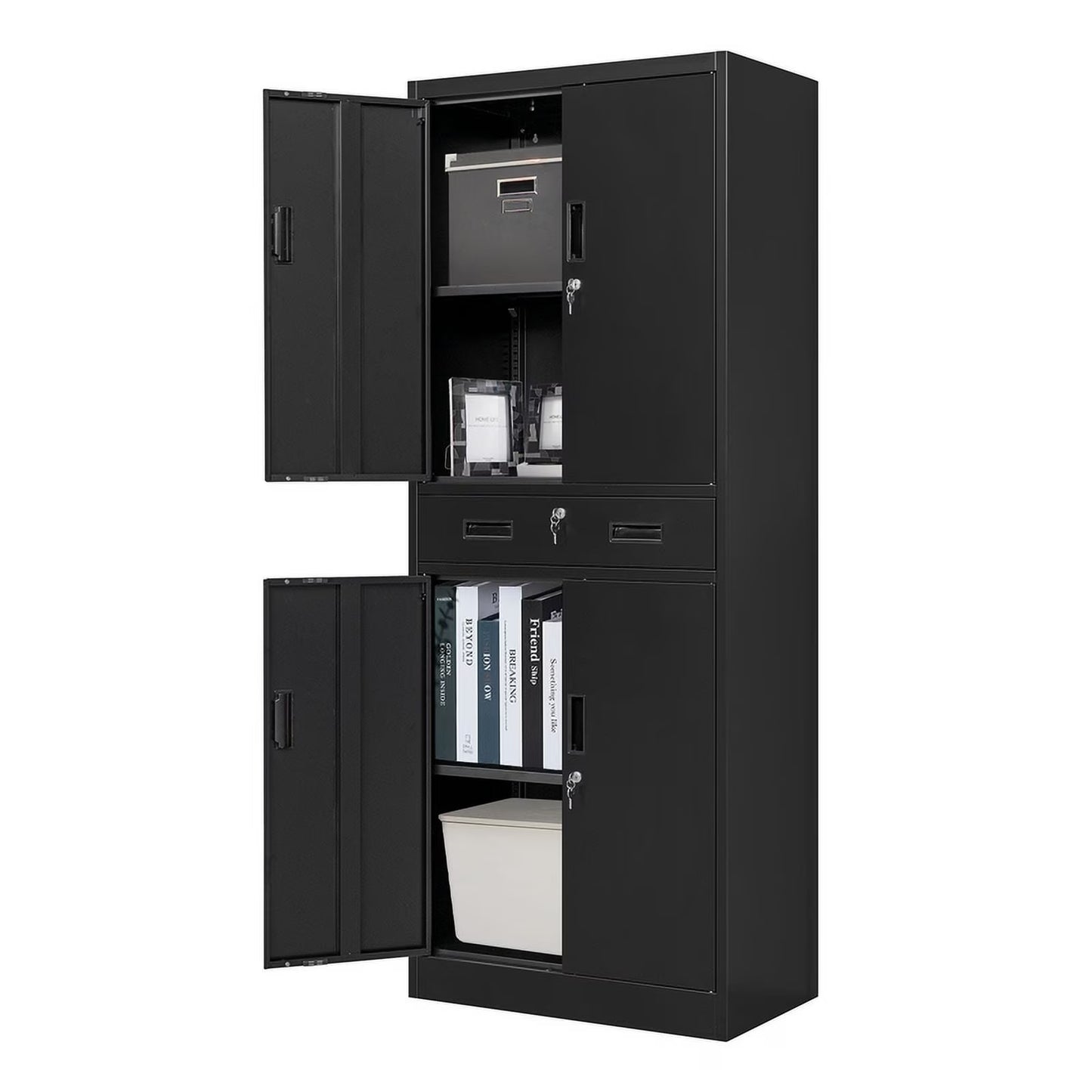 Metal Storage Cabinets with 1 Drawer and Adjustable Shelves, Locking Storage Cabinet for Pantry Kitchen Home Office Garage Living Dining Room (White)