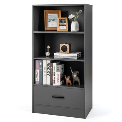Spaco 48 Inch Tall 4 Tiers Wood Bookcase with Drawer-Gray, Tall Bookshelf, Shelves for Living Room, Home Office, Bedroom, Balcony