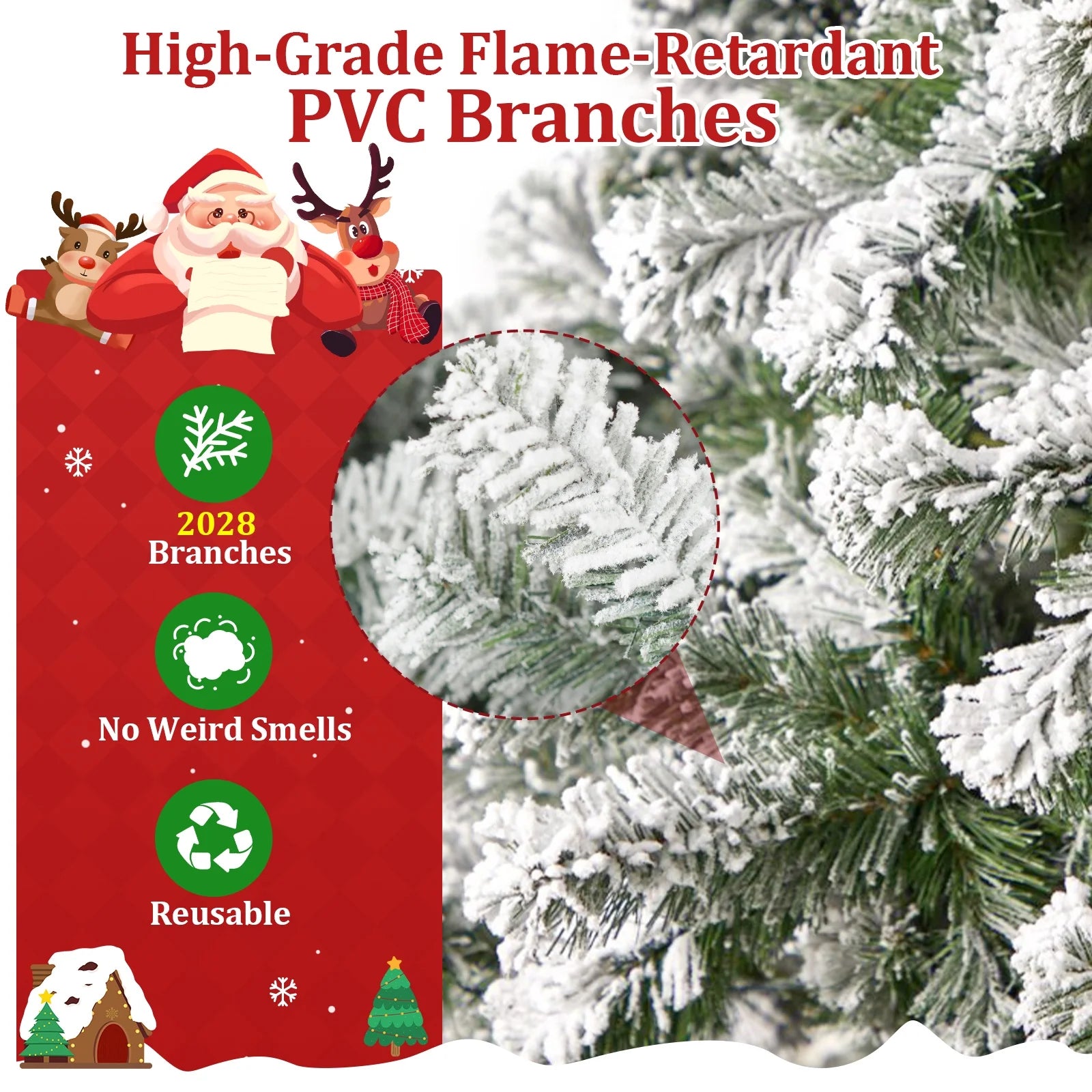 Qunler 9ft Snow Flocked Christmas Tree with 2028 Tips, Artificial Snowy Xmas Pine Tree with Reinforced Metal Base for Home Office Party Holiday Decorations ,White(NO Light)