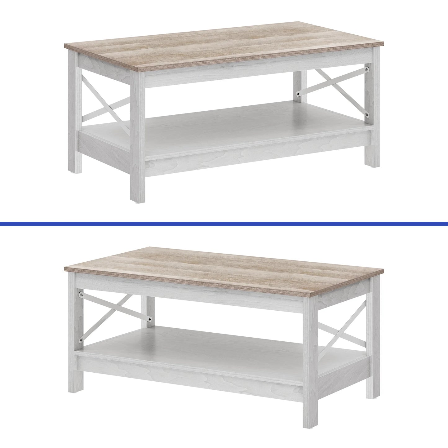 Wooflex Rustic Wood Coffee Table with 2-Tier Storage Shelf, Rectangle Design for Living Room or Home Office