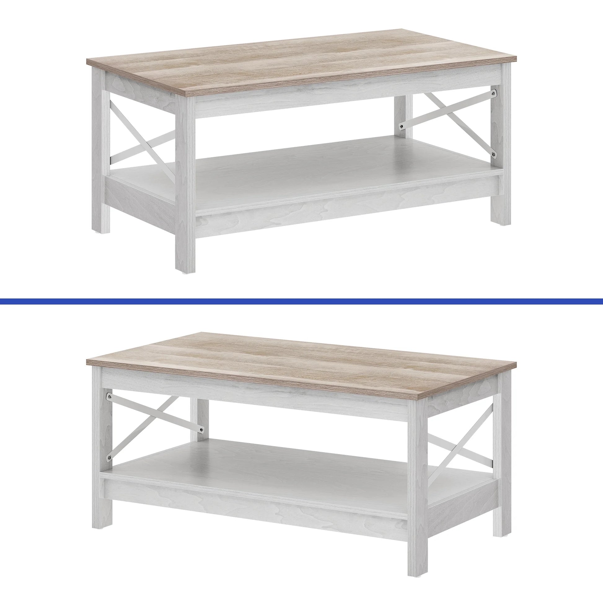 Wooflex Rustic Wood Coffee Table with 2-Tier Storage Shelf, Rectangle Design for Living Room or Home Office