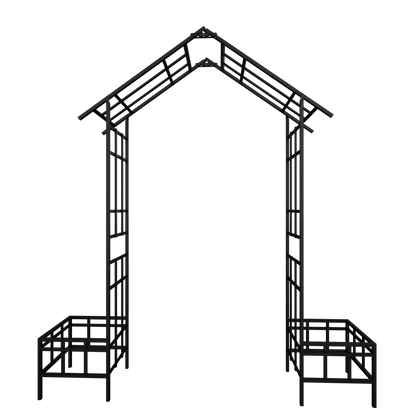 Metal Garden Arch with Plant Box and Adjustable Width, 2 in 1 House Shape Garden Arch Trellis for Climbing Plants Heavy Duty Steel Pergola Arch for Wedding Party Backyard Outdoor (Black)