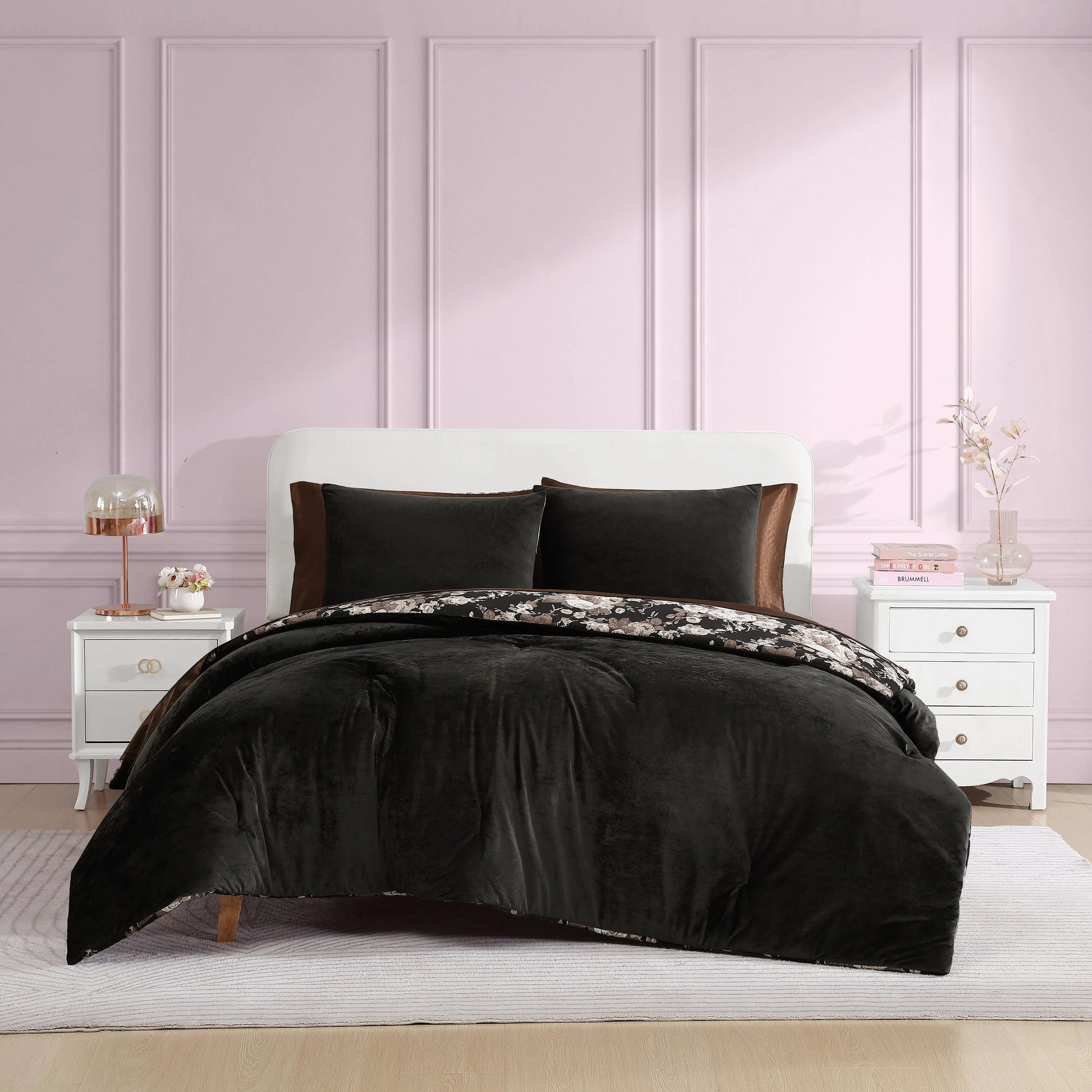 Betsey Johnson - Full/Queen Comforter Set, Velvet Bedding with Matching Shams, Floral Home Decor, Oeko-Tex Certified (Velvet Solid Black, Full/Queen)
