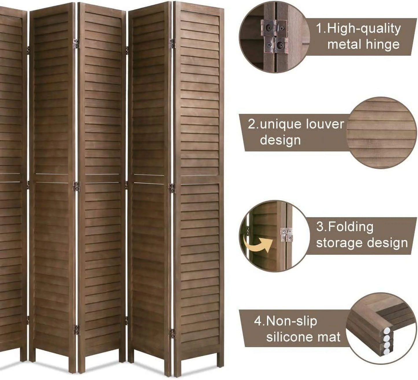 CL.HPAHKL 6 Panels Room Dividers, 5.75 Ft Tall Wood Louvered Folding Privacy Wall Divider for Room Separation Freestanding Privacy Screen For Home Office Bedroom Restaurant, Brown