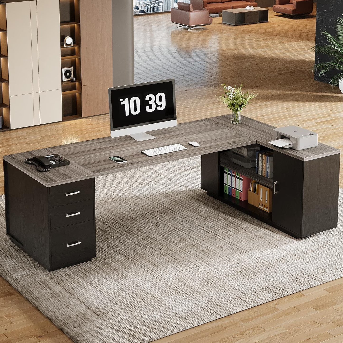 Tribesigns 85.8" L-Shaped Executive Desk, Extra Large Office Desk with File Drawers, Modern Business Furniture with Door Cabinet, Shelves for Home Office, White & Brown