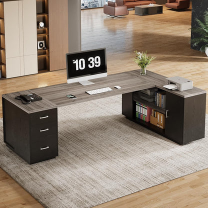 Tribesigns 85.8" L-Shaped Executive Desk, Extra Large Office Desk with File Drawers, Modern Business Furniture with Door Cabinet, Shelves for Home Office, White & Brown