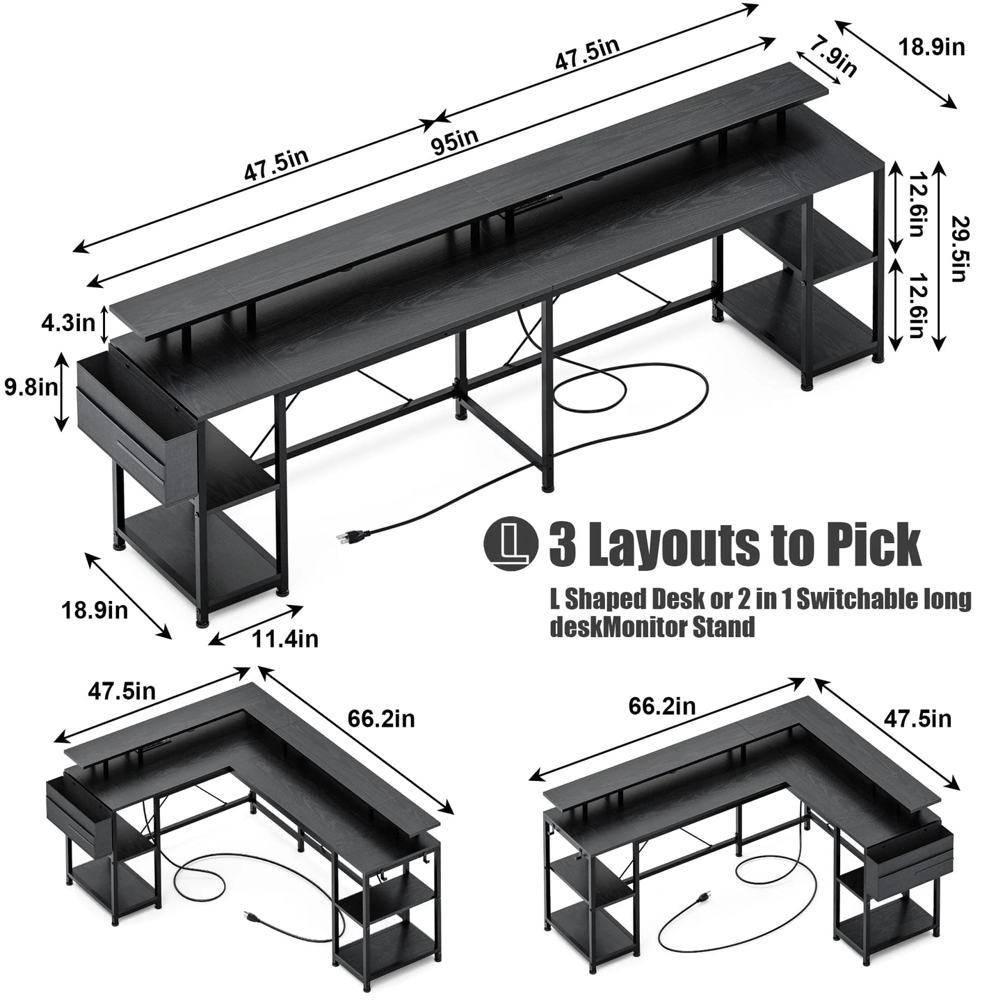 Lulive 95” L-Shaped Computer Desk with LED Light Gaming Desk with Power Outlet, Home Office Desk with Monitor Stand, Storage Shelf and Storage Bag Corner Desk, Black