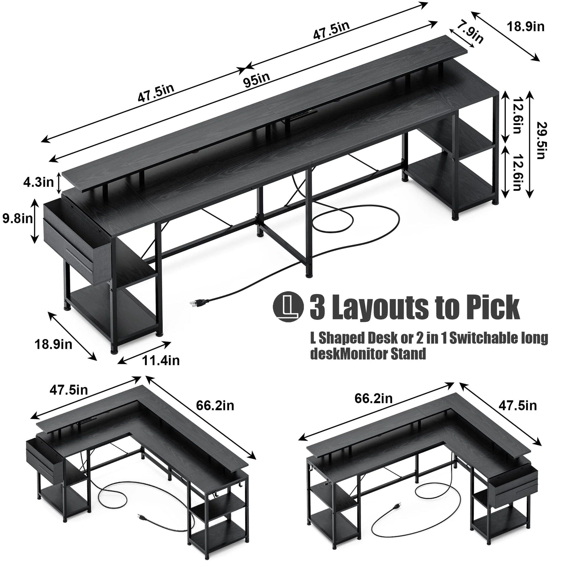 Lulive 95” L-Shaped Computer Desk with LED Light Gaming Desk with Power Outlet, Home Office Desk with Monitor Stand, Storage Shelf and Storage Bag Corner Desk, Black
