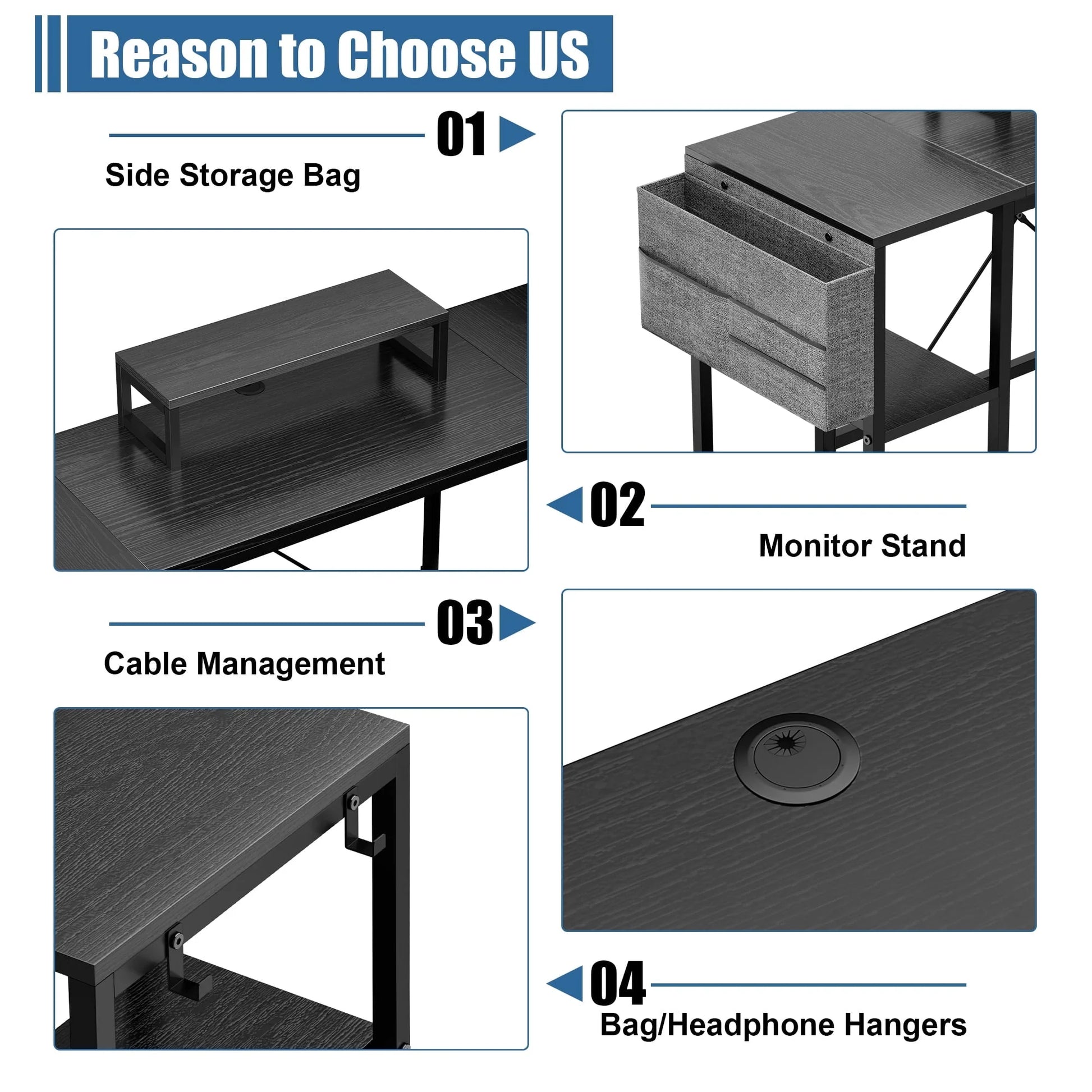 Lulive L-Shaped Computer Desk, 95" Reversible Computer Desk Office Desk with 3 Shelves/Monitor Stand/Storage Bag/Hooks for Home Office, Black